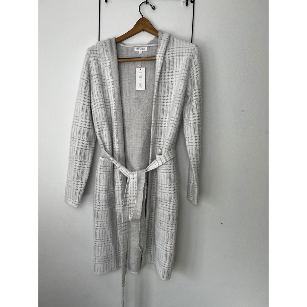 Love + Luxe Womens Gray Whiteโ Plaid Hooded Fuzzy Belted Cardigan Robe Small NWT